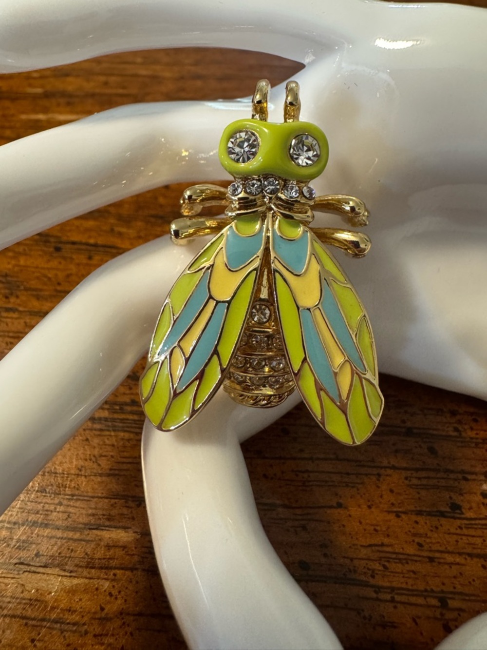 Enamel bug brooch, EUC. Pastel colors, gold tone and rhinestones.